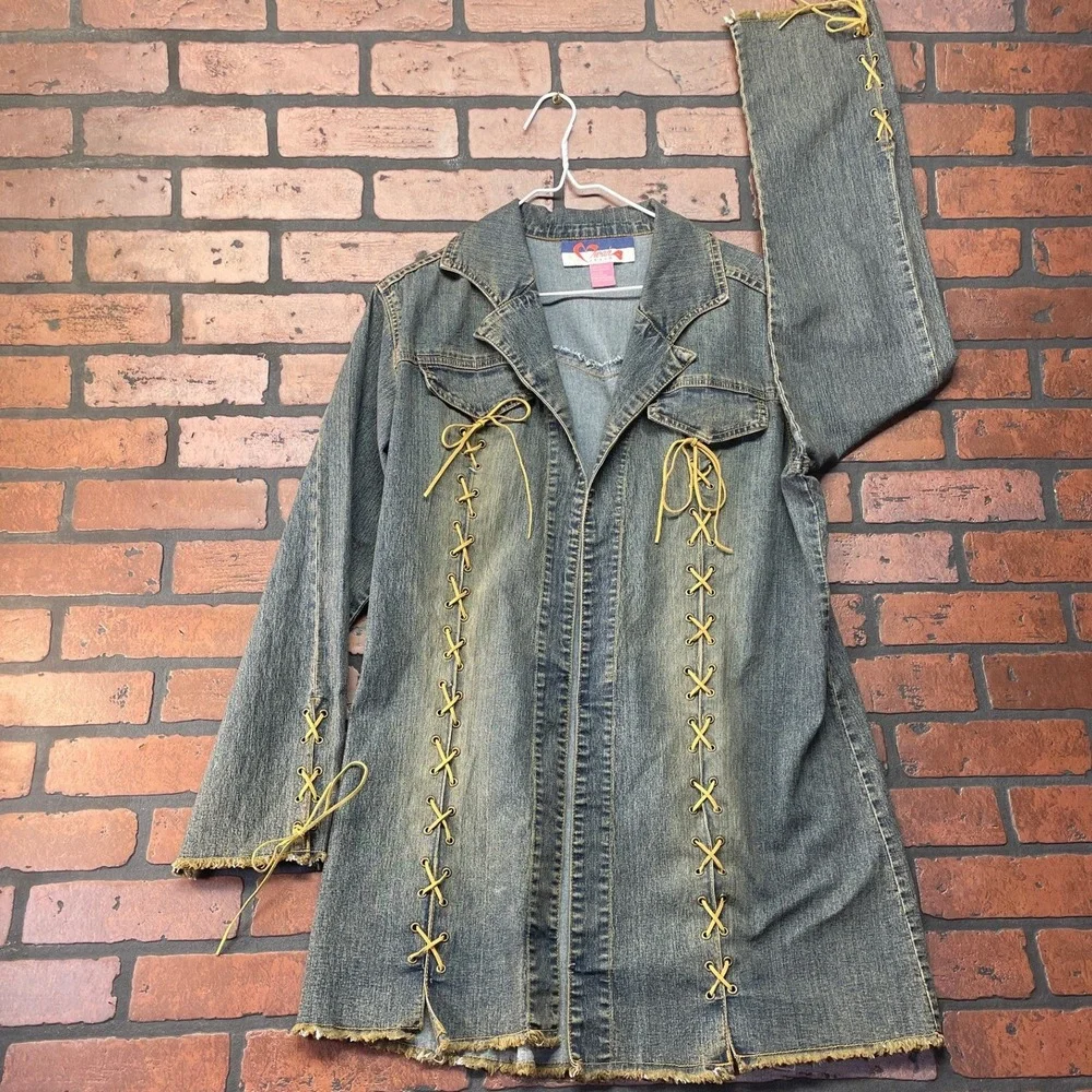 Mwah Jeans Y2K Acid Wash Denim duster Jacket Raw Frayed Edge Cord Leather Lacing